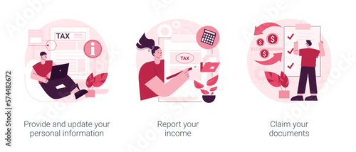 Tax filing abstract concept vector illustration set. Provide and update your personal information, report your income, claim documents, tax credits and expenses, financial report abstract metaphor.