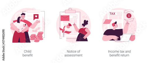 Income year abstract concept vector illustration set. Child benefit, notice of assessment, income tax and benefit return, dependent care costs, gather paperwork, social wealth abstract metaphor.