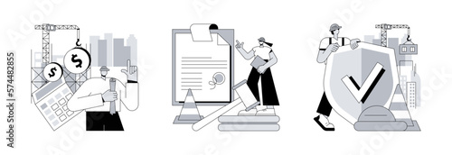 Construction business abstract concept vector illustration set. Construction costs, building permit and safety, protection helmet, contractor engineering, design project, investment abstract metaphor.