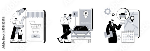 Covid19 business abstract concept vector illustration set. Start and launch your online store, reserve parking space, curbside pickup, set pickup service, employee safety abstract metaphor.