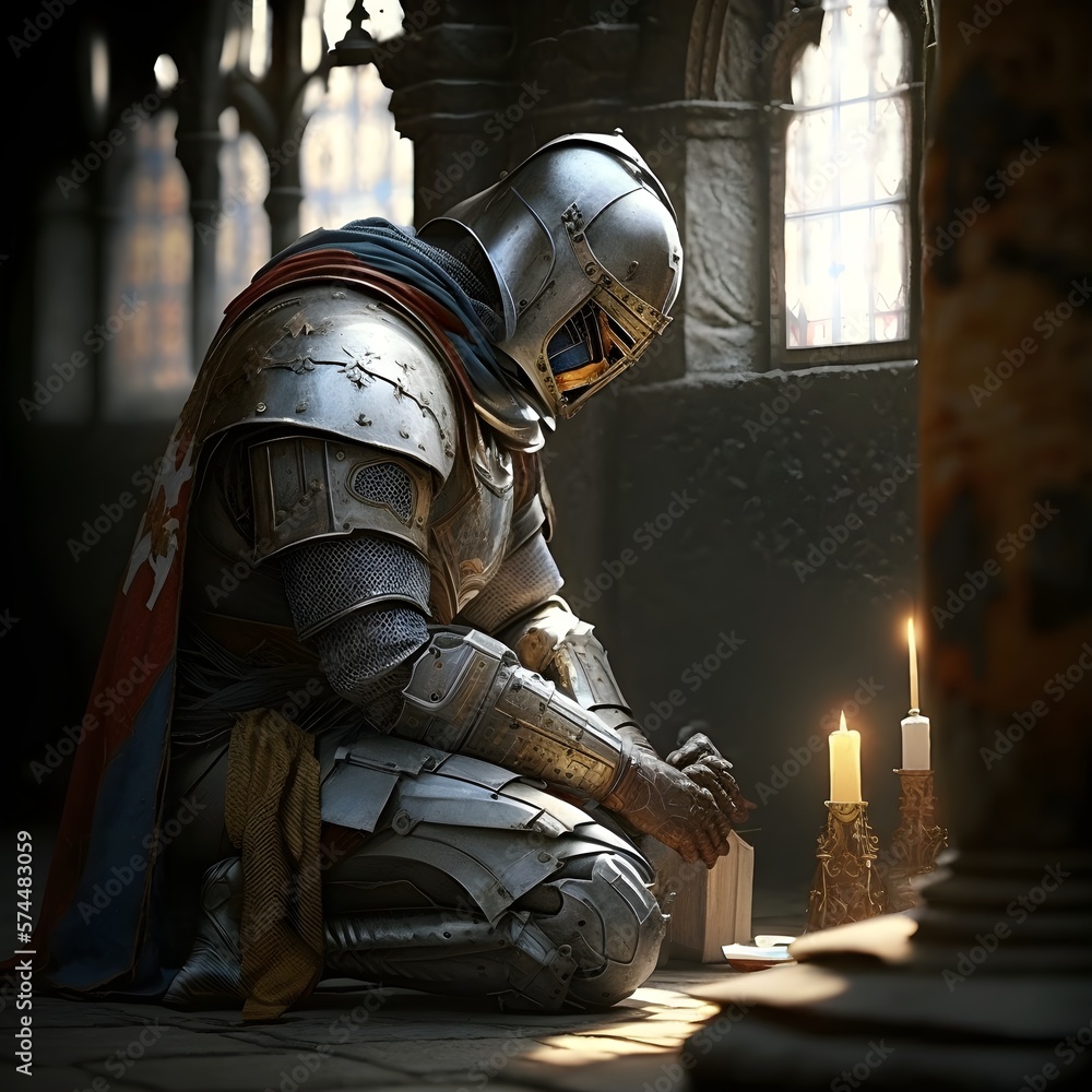 Knight praying in a monastery. Generative AI  - obrazy, fototapety, plakaty 