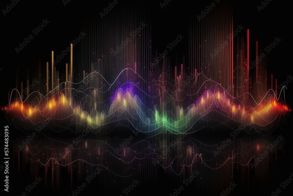 Abstract sound wave design on black background. Equalizer effect in neon colors. Generative AI Abstract sound wave design on black background. Equalizer effect in neon colors. Generative AI