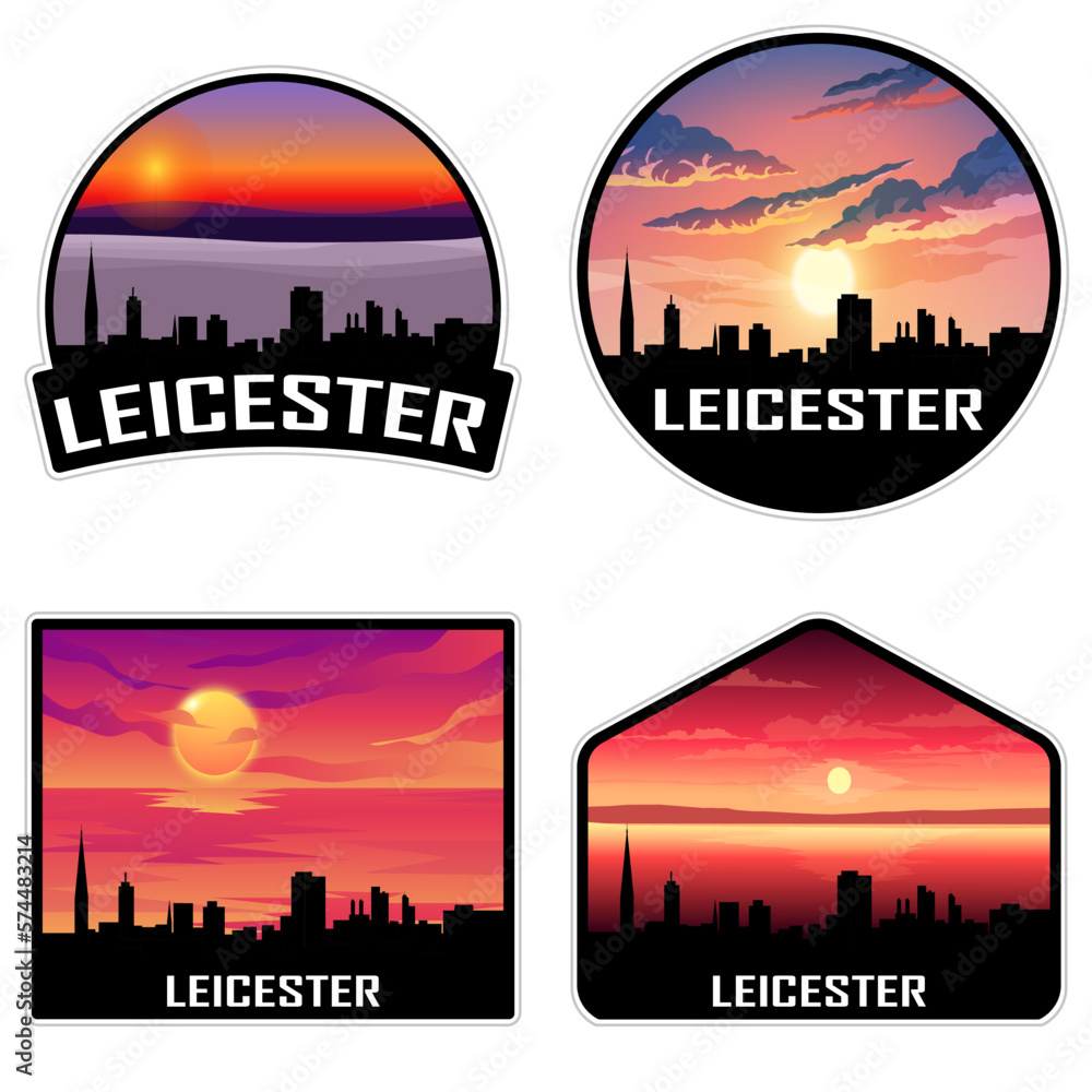Leicester England Skyline Silhouette Retro Vintage Sunset Leicester Lover Travel Souvenir Sticker Vector Illustration SVG EPS AI