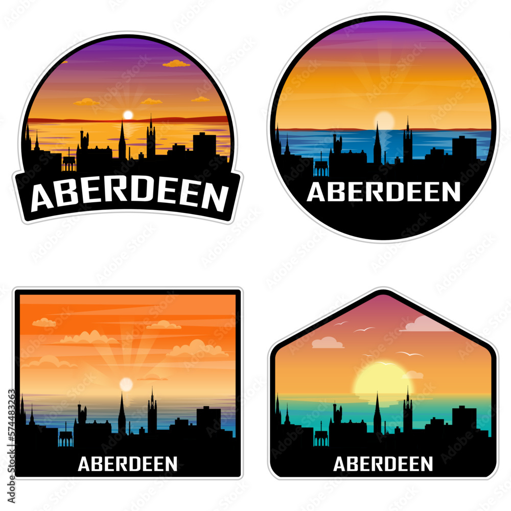Aberdeen Scotland Skyline Silhouette Retro Vintage Sunset Aberdeen Lover Travel Souvenir Sticker Vector Illustration SVG EPS AI