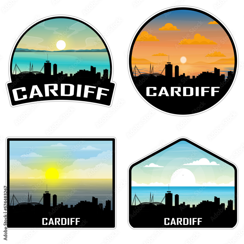 Cardiff Wales Skyline Silhouette Retro Vintage Sunset Cardiff Lover Travel Souvenir Sticker Vector Illustration SVG EPS AI