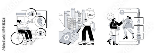 Online inclusivity abstract concept vector illustration set. Web accessibility program, virtual tour and online dressing room, websites for people with special needs, e-commerce abstract metaphor.
