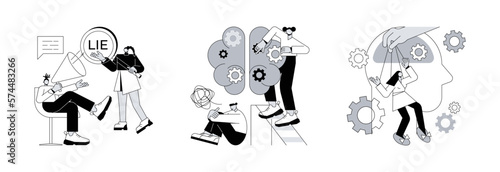 Social engineering abstract concept vector illustration set. Post-truth, gaslighting and psychological manipulation, fake news, cyber propaganda, mental abuse, cognitive dissonance abstract metaphor.