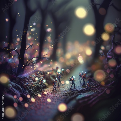Extremely Small Fireflies in the quite Colorful Forest Generated by AI