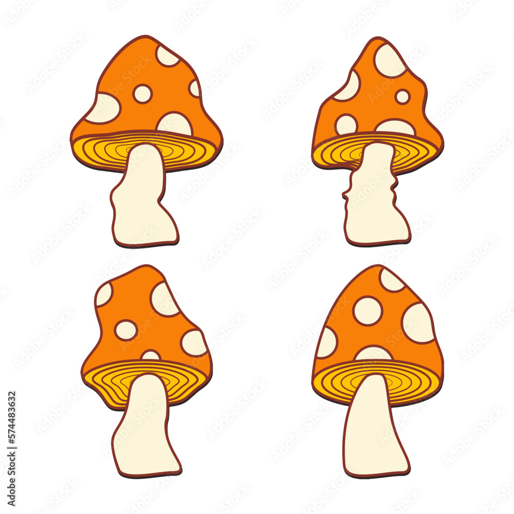 set of illustration mushroom psychedelic hippie style retro