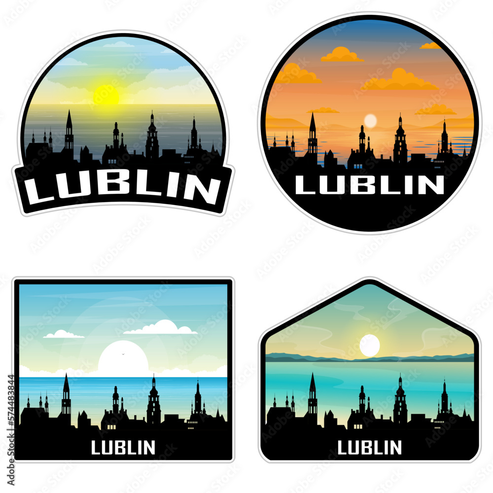 Lublin Poland Skyline Silhouette Retro Vintage Sunset Lublin Lover Travel Souvenir Sticker Vector Illustration SVG EPS AI - obrazy, fototapety, plakaty 
