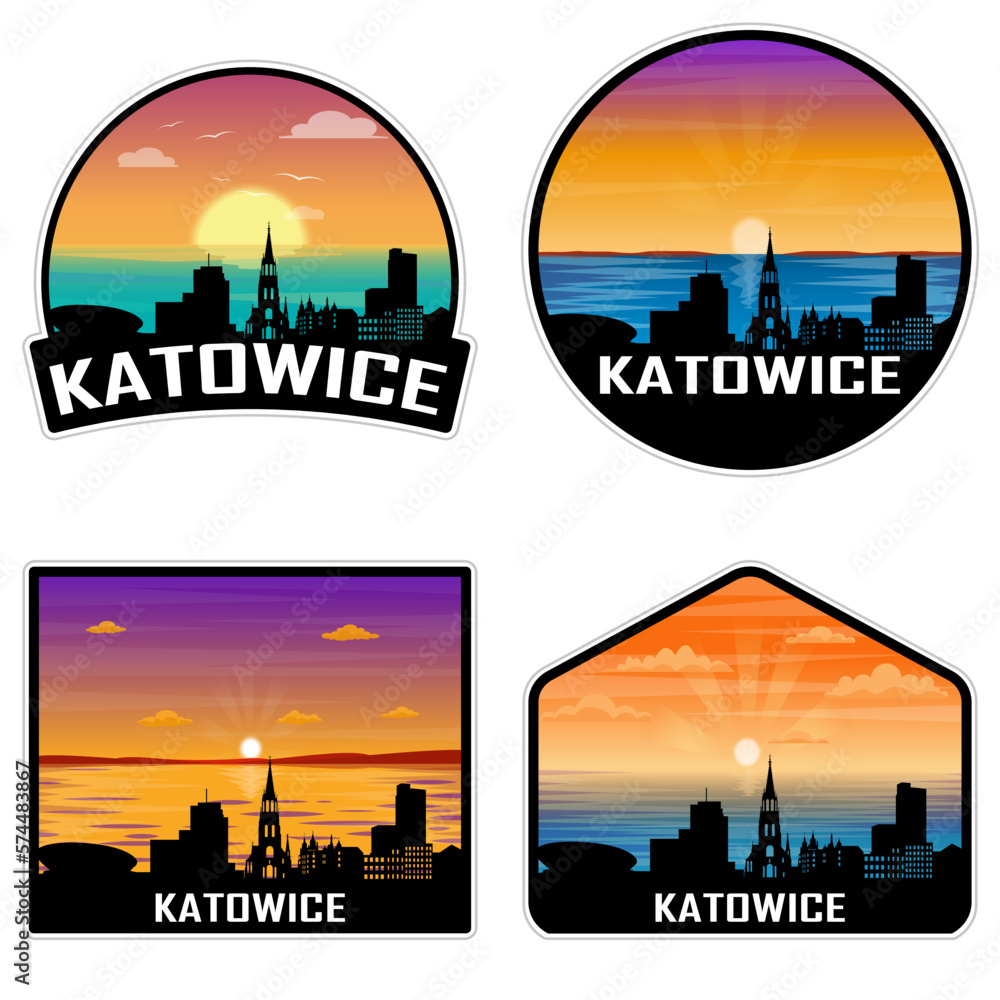 Katowice Poland Skyline Silhouette Retro Vintage Sunset Katowice Lover Travel Souvenir Sticker Vector Illustration SVG EPS AI