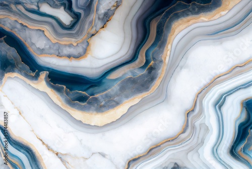 White marble with gold and blue agate surface abstract background. Decorative acrylic paint pouring rock marble texture. Horizontal natural black and gold abstract pattern.