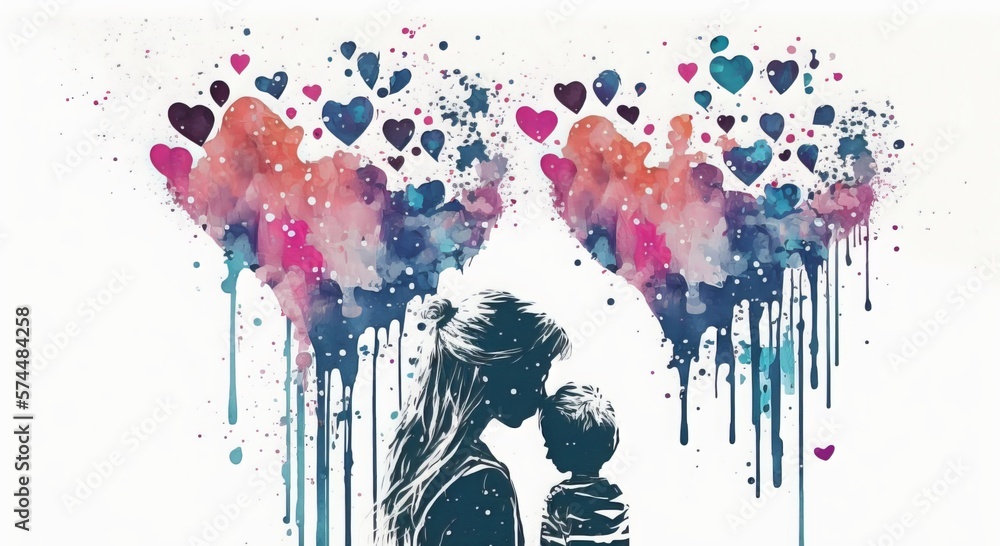 Watercolor illustration of mother and daughter or son surrounded by hearts. White background. AI generated. Mothers day Concept.