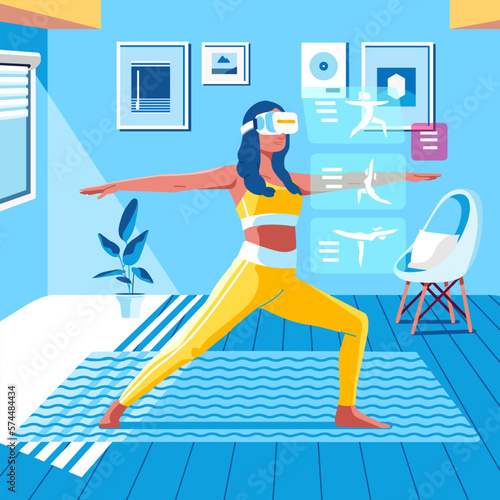 Virtual reality technology workout and fitness concept vector illustration Woman in VR Headset do exercise at living room