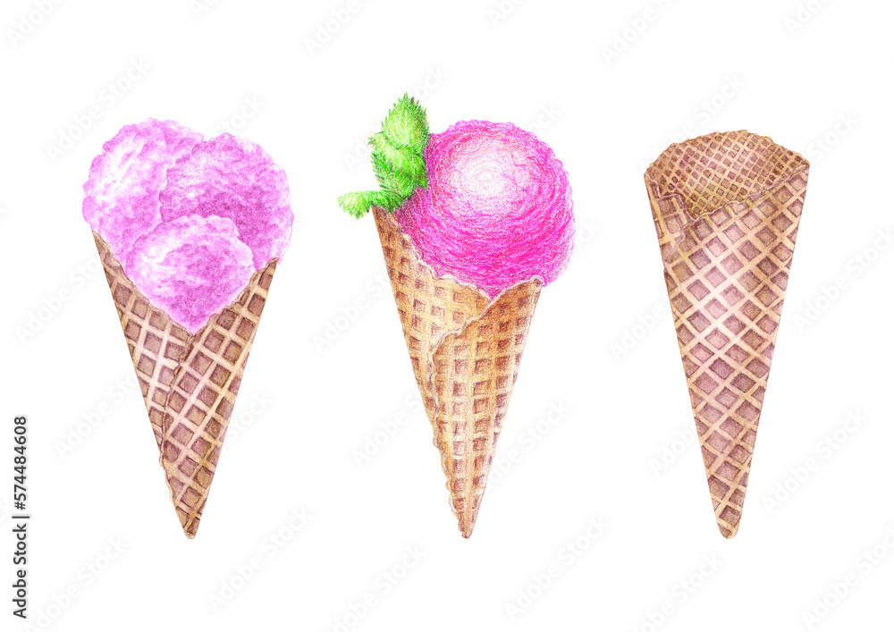 An isolated watercolor image of three waffle cones, one with three scoops of raspberry ice cream,the other with one scoop of strawberry, the third without anything for the design of text,labels,cards An isolated watercolor image of three waffle cones, one with three scoops of raspberry ice cream,the other with one scoop of strawberry, the third without anything for the design of text,labels,cards