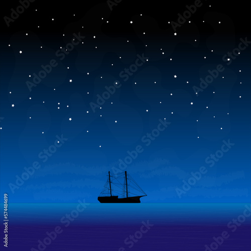 Ship at night, ocean and stars 