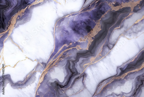 White marble with with gold and violet tanzanite surface abstract background. Decorative acrylic paint pouring rock marble texture. Horizontal natural gold and purple abstract pattern. photo