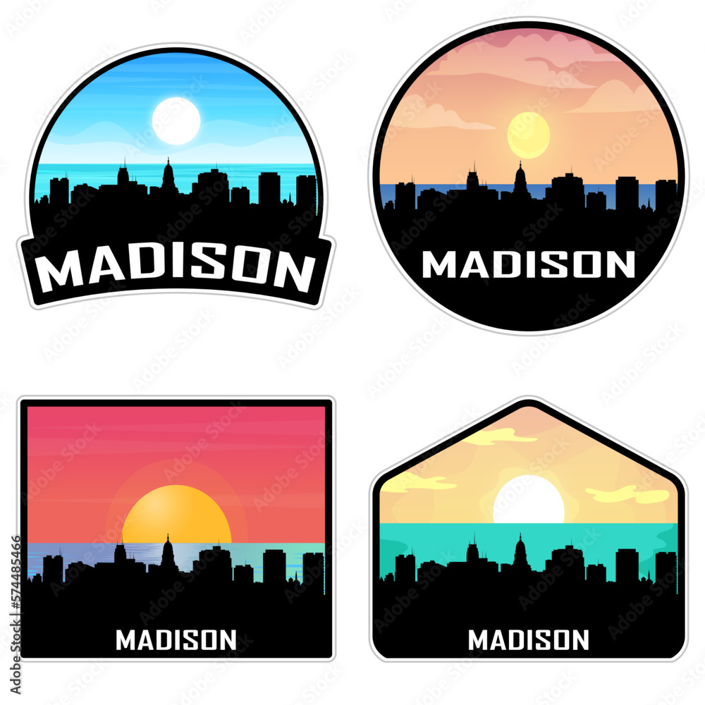 Madison Wisconsin USA Skyline Silhouette Retro Vintage Sunset Madison Lover Travel Souvenir Sticker Vector Illustration SVG EPS AI