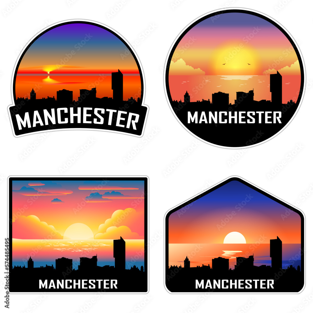 Manchester England Skyline Silhouette Retro Vintage Sunset Manchester Lover Travel Souvenir Sticker Vector Illustration SVG EPS AI