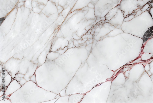 White marble with red veins surface abstract background. Decorative acrylic paint pouring rock marble texture. Horizontal natural white and red abstract pattern.