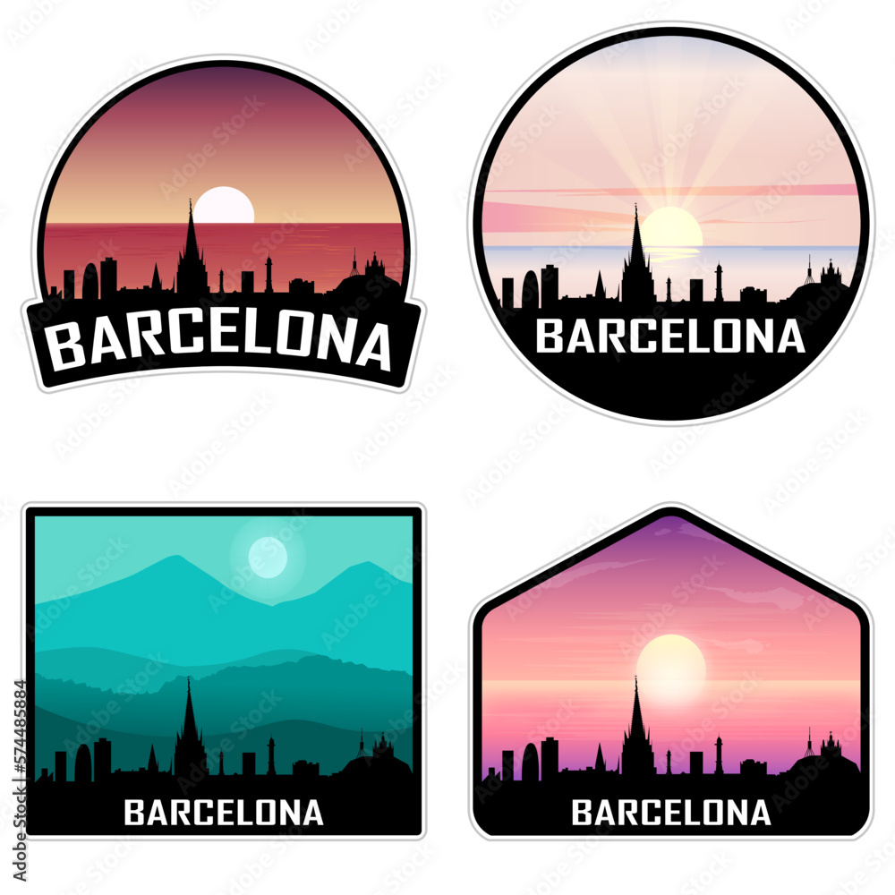 Barcelona Spain Skyline Silhouette Retro Vintage Sunset Barcelona Lover Travel Souvenir Sticker Vector Illustration SVG EPS AI