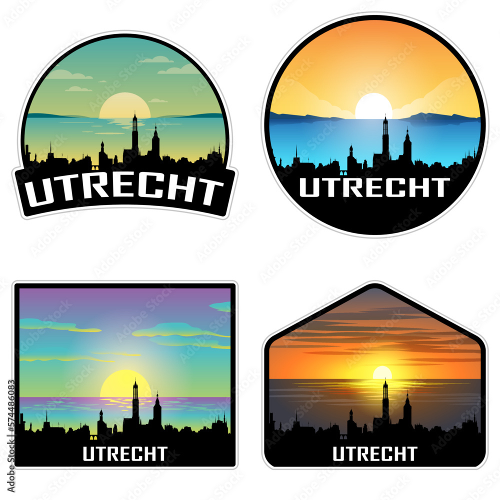 Utrecht Netherlands Skyline Silhouette Retro Vintage Sunset Utrecht Lover Travel Souvenir Sticker Vector Illustration SVG EPS AI