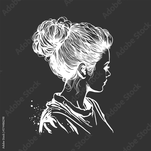 Woman messy bun hair style, isolated on black background