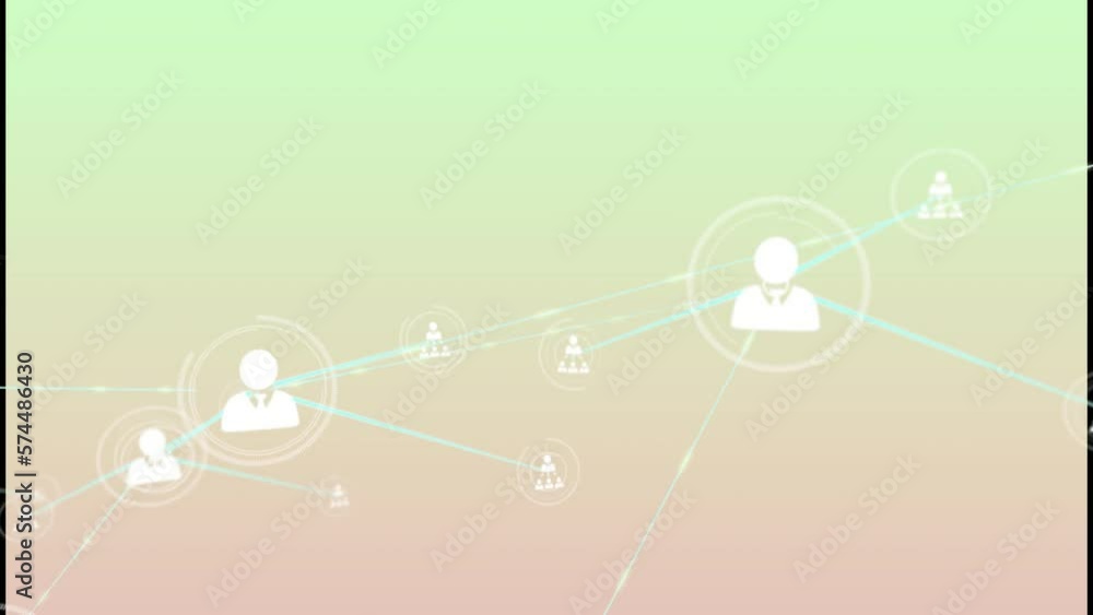 Animation of network of profile icons against pink and green gradient background Animation of network of profile icons against pink and green gradient background