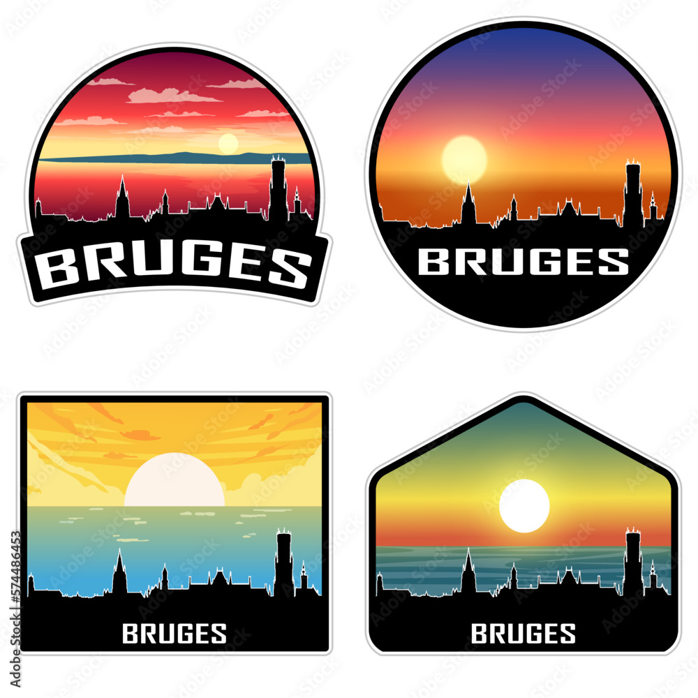 Bruges Belgium Skyline Silhouette Retro Vintage Sunset Bruges Lover Travel Souvenir Sticker Vector Illustration SVG EPS AI