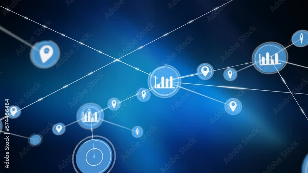 Animation of network of digital icons over blue glowing effect against black background Animation of network of digital icons over blue glowing effect against black background