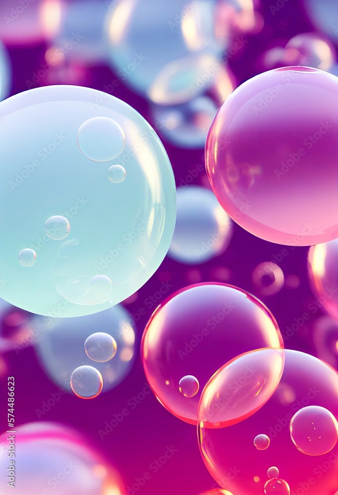 Pink and blue soap bubbles floating in the air abstract background. Glossy and shiny surface. Pink and blue soap bubbles pattern. Decorative AI generated realistic vertical interior poster. Pink and blue soap bubbles floating in the air abstract background. Glossy and shiny surface. Pink and blue soap bubbles pattern. Decorative AI generated realistic vertical interior poster.