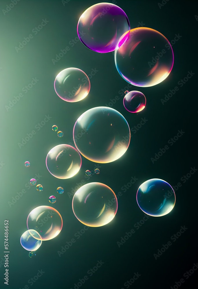 Colorful soap bubbles floating in the air abstract background. Glossy and shiny surface. Colorful soap bubbles pattern. Decorative AI generated realistic vertical interior poster.
