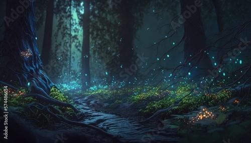 Follow the Light: Exploring a Fantasy Forest with Magic Lights and Fireflies, AI Generative