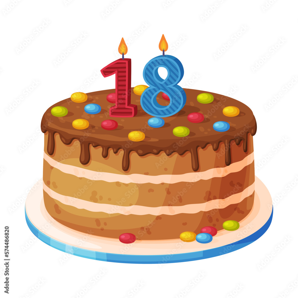 Candle on birthday cake with 18 number age. Festive dessert burning number shaped candle cartoon vector illustration Candle on birthday cake with 18 number age. Festive dessert burning number shaped candle cartoon vector illustration
