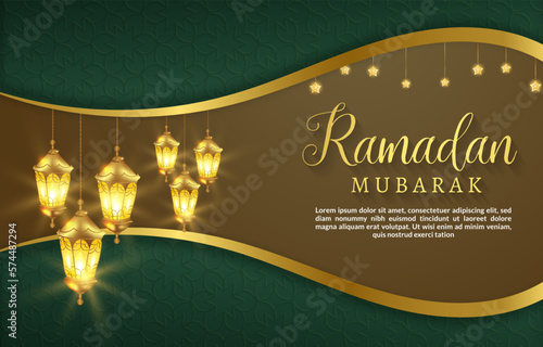 ramadan mubarak template banner with beautiful illustration shiny light luxury islamic ornament and abstract green and golden background design