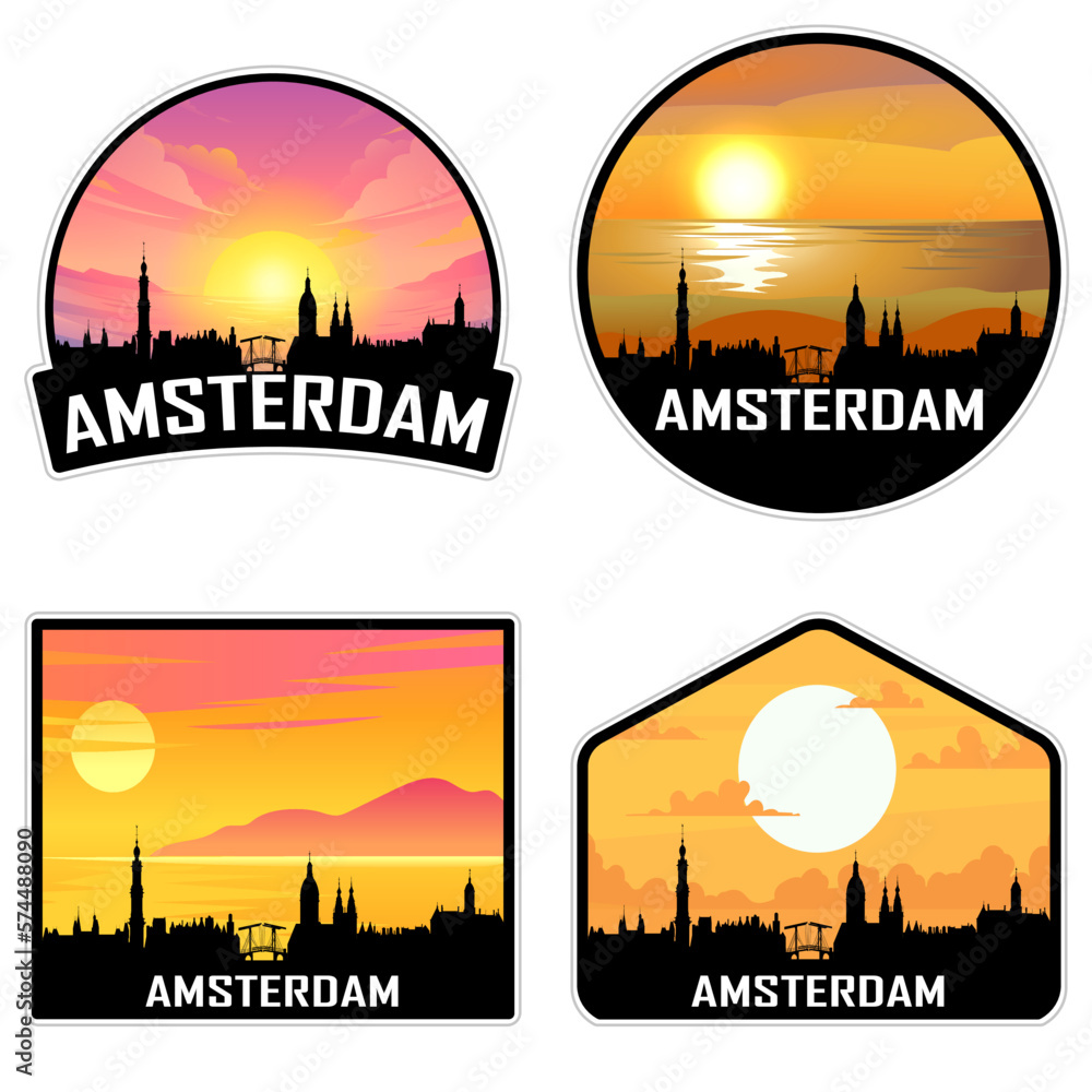 Amsterdam Netherlands Skyline Silhouette Retro Vintage Sunset Amsterdam Lover Travel Souvenir Sticker Vector Illustration SVG EPS AI