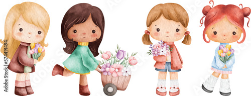 Watercolor illustration set of cute Spring girl