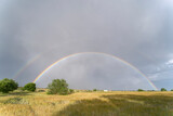 Summer yellowish field with a full rainbow in the background of the image. Torrejon del rey, Guadalajara. Spain