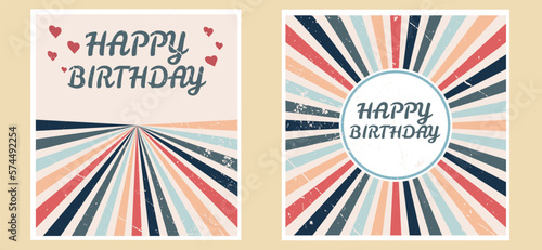 Set of Retro groovy rainbow print on happy birthday gretting card. Birthday invitations.Birthday invitations in retro style. Vector illustration.
