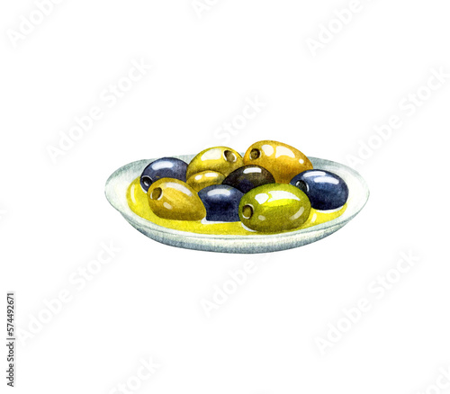 Handmade watercolor, oil in a jug. Separate elements of an olive and an olive branch for the design of postcards, packaging, fabric.