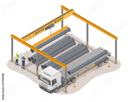 Overhead Crane lifting industrial Steel Pipes from trailer flat bed truck in factory flatbed industrial manufacturing worker concept illustration isometric isolated vector