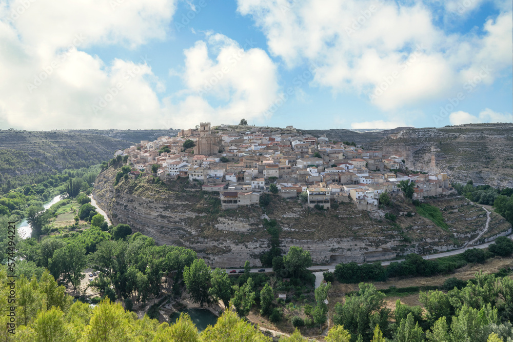 Panoramic view of Jorquera the small medieval village in a meander of the river Jucar, province of Albacete. One of the most beautiful villages in Spain.