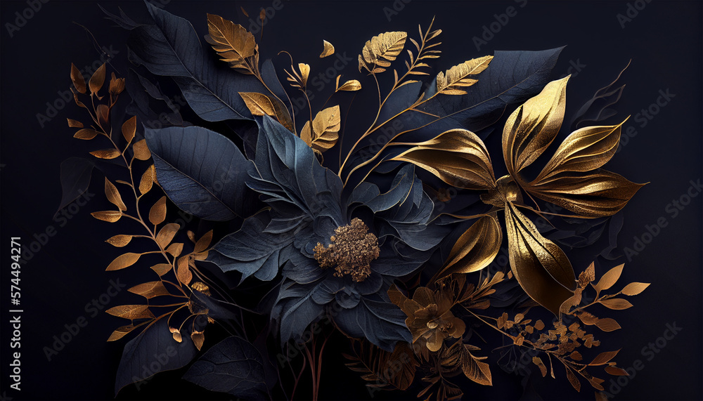 Luxury and elegant blue and golden dust flowers, and branch leaves on dark blue background. Vintage floral decoration. Flat lay, top view fantastic plant 3d illustration. Generative Ai.