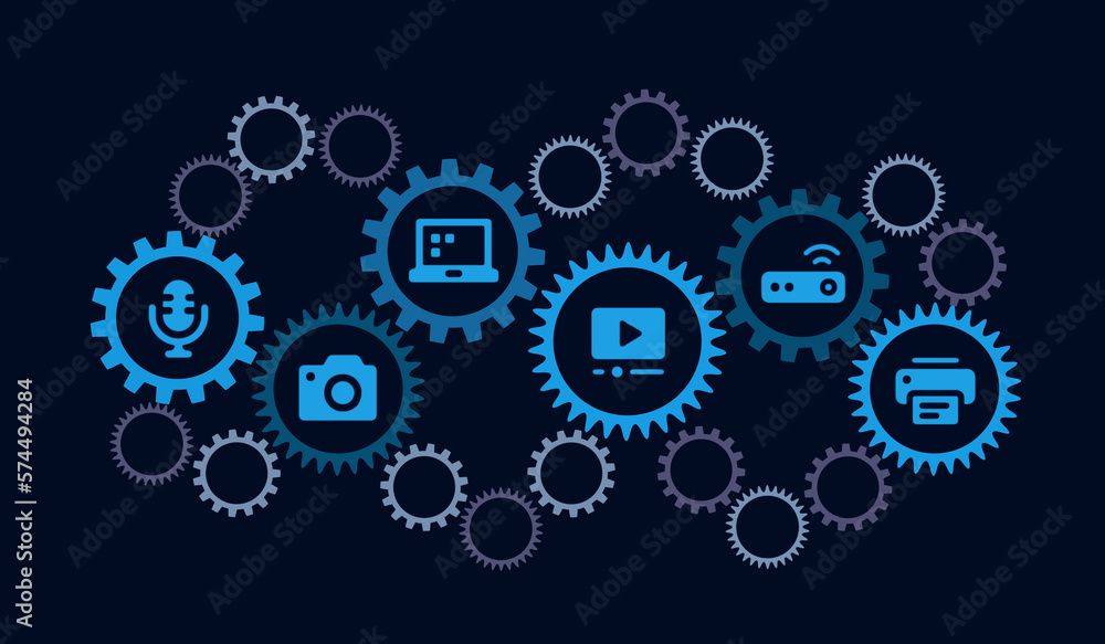Social Media management concept with group of gears connected with media content creation icons. Digital illustration 