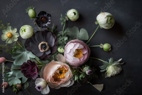 Dark Floral Background - Ranunculus, anemone, and peonies in rich colors against a slate background - Generative AI technology