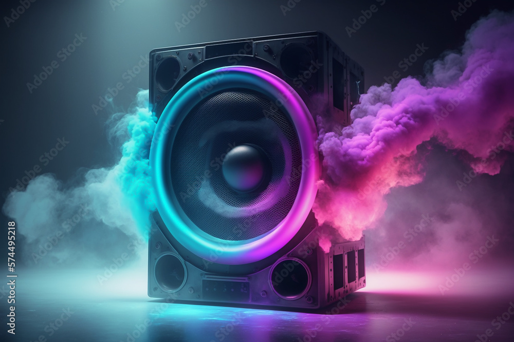 Music speaker or subwoofer in studio background with smoke and neon