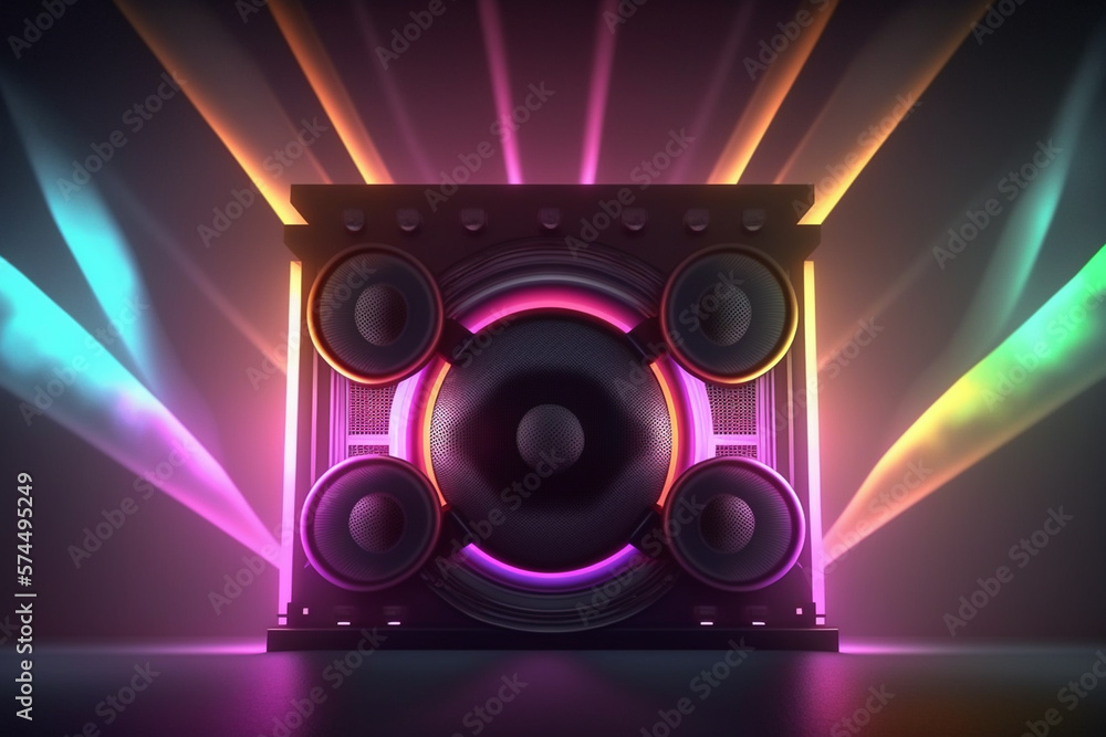 Music speaker or subwoofer in background with smoke and neon glow, club or dance festival, advertisement style. Stock | Adobe Stock