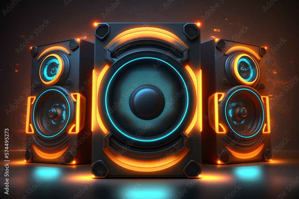 Music speaker or subwoofer in studio background with smoke and neon glow,  night club or dance festival, advertisement style. Illustration Stock |  Adobe Stock