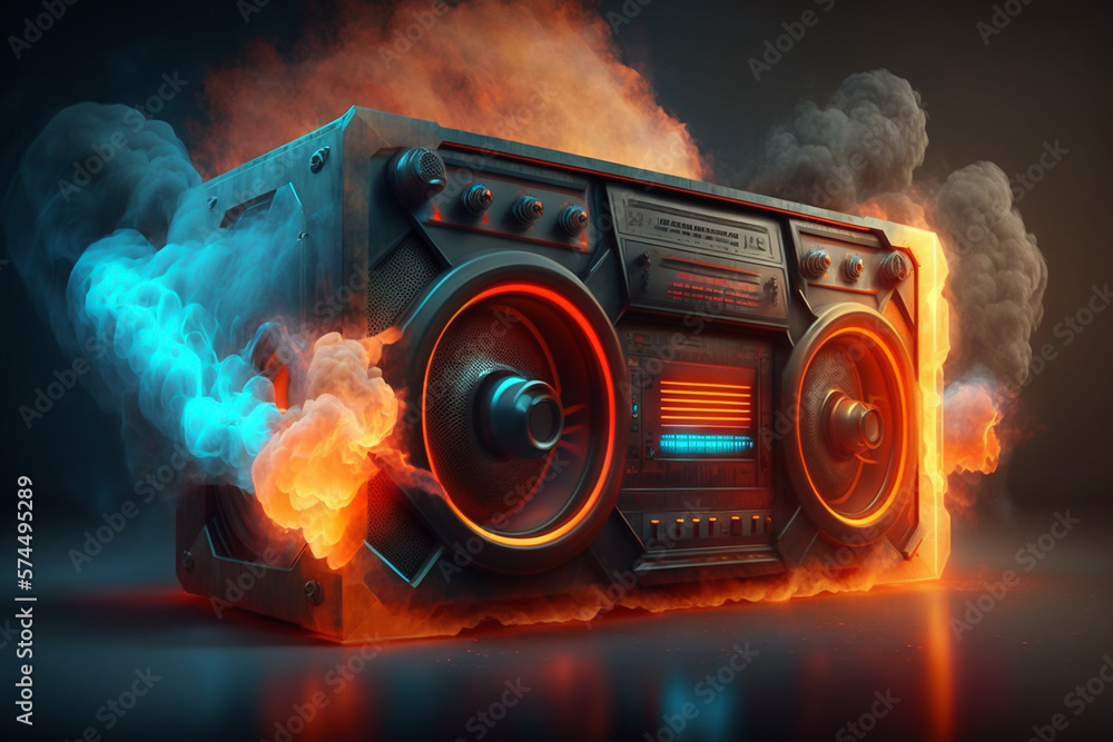 Music speaker or subwoofer in studio background with smoke and neon