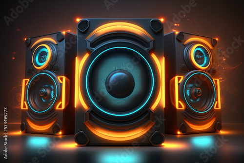 Music speaker or subwoofer in studio background with smoke and neon glow, night club or dance festival, advertisement style. photo